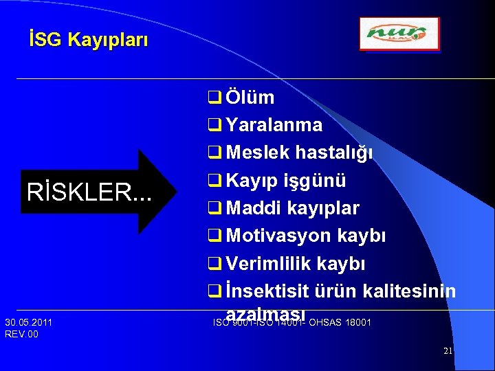 İSG Kayıpları q Ölüm q Yaralanma q Meslek hastalığı RİSKLER. . . q Kayıp