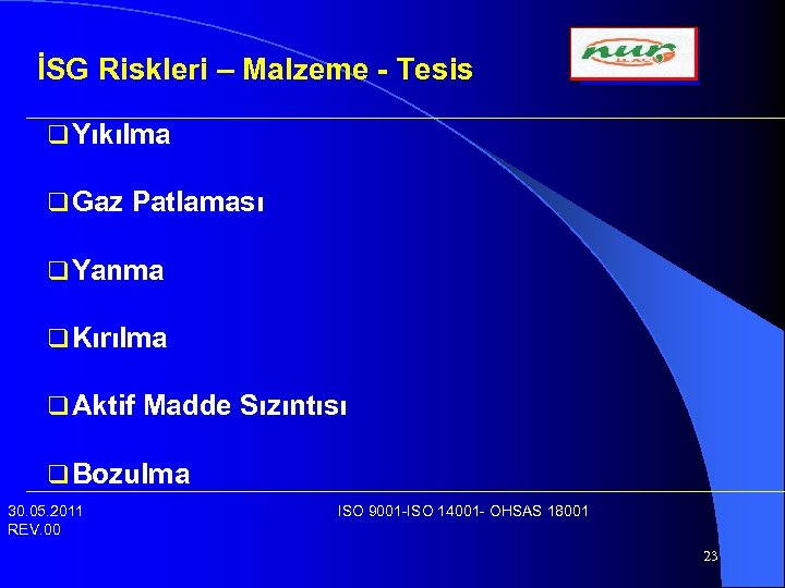 İSG Riskleri – Malzeme - Tesis q Yıkılma q Gaz Patlaması q Yanma q