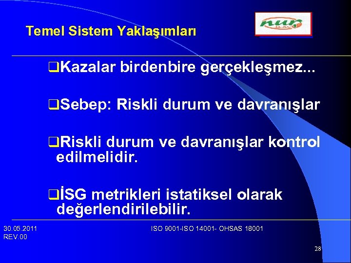 Temel Sistem Yaklaşımları q. Kazalar birdenbire gerçekleşmez. . . q. Sebep: Riskli durum ve