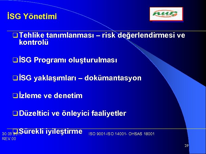 İSG Yönetimi q Tehlike tanımlanması – risk değerlendirmesi ve kontrolü q İSG Programı oluşturulması