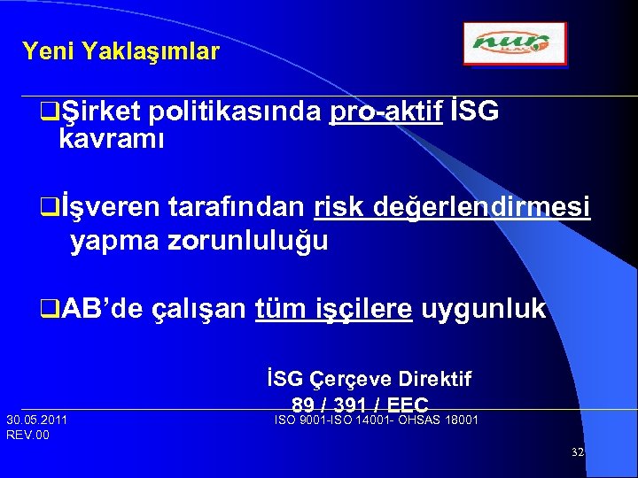 Yeni Yaklaşımlar qŞirket politikasında pro-aktif İSG kavramı qİşveren tarafından risk değerlendirmesi yapma zorunluluğu q.