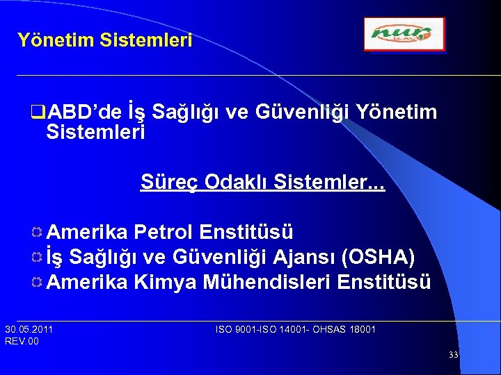 Yönetim Sistemleri q. ABD’de İş Sağlığı ve Güvenliği Yönetim Sistemleri Süreç Odaklı Sistemler. .