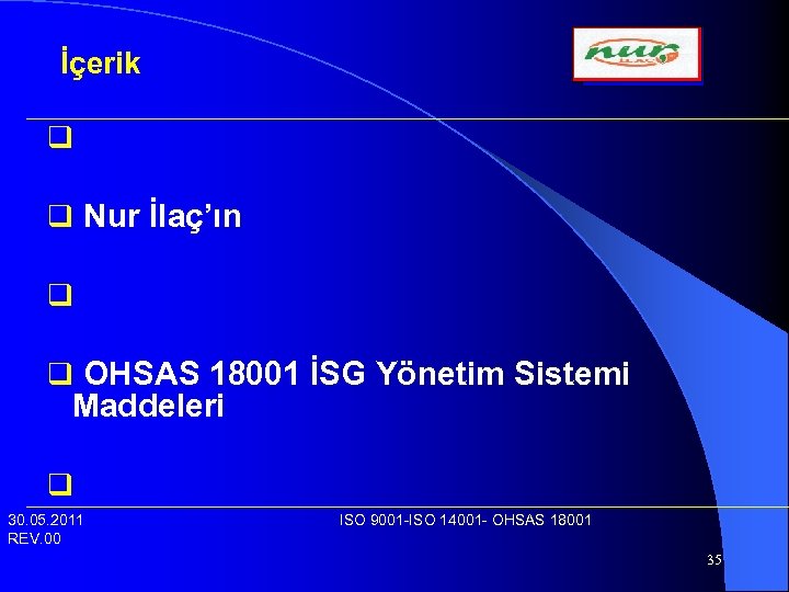 İçerik q q Nur İlaç’ın q q OHSAS 18001 İSG Yönetim Sistemi Maddeleri q