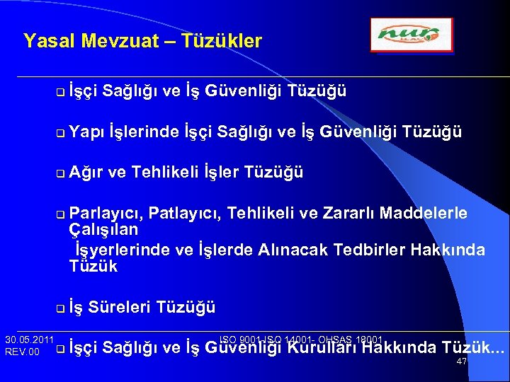 Yasal Mevzuat – Tüzükler q İşçi Sağlığı ve İş Güvenliği Tüzüğü q Yapı İşlerinde