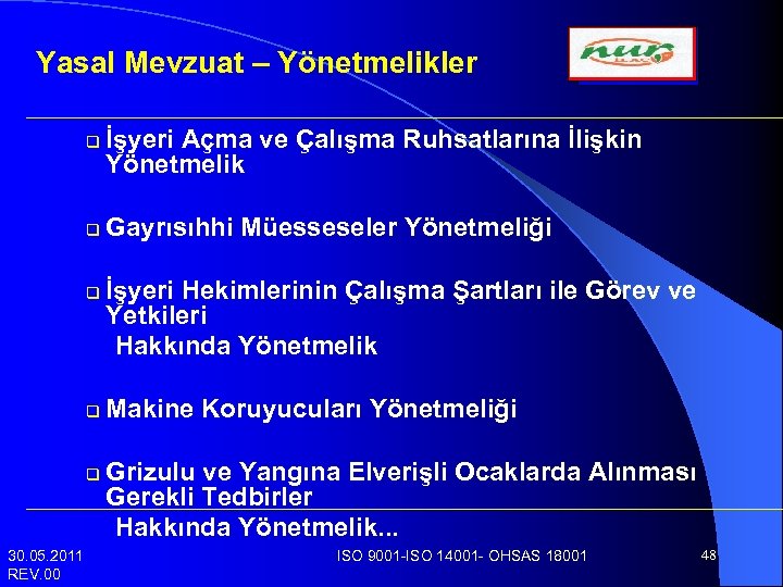 Yasal Mevzuat – Yönetmelikler q q q 30. 05. 2011 REV. 00 İşyeri Açma