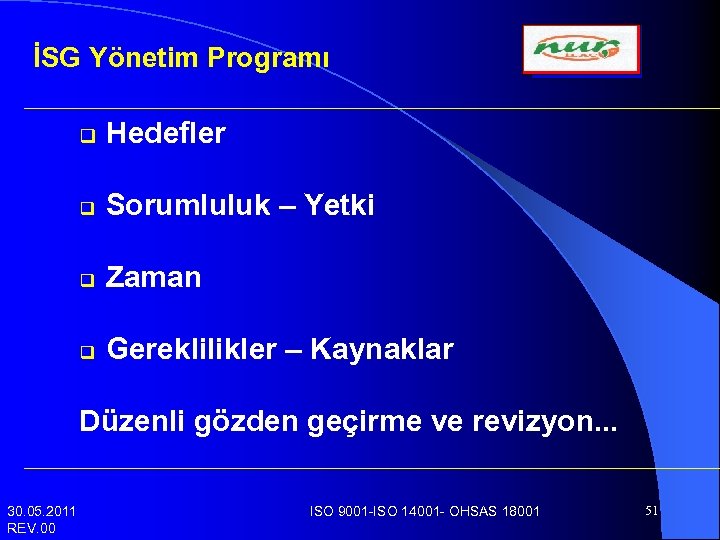 İSG Yönetim Programı q Hedefler q Sorumluluk – Yetki q Zaman q Gereklilikler –