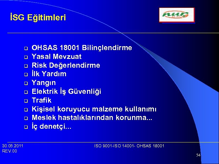 İSG Eğitimleri q q q q q 30. 05. 2011 REV. 00 OHSAS 18001