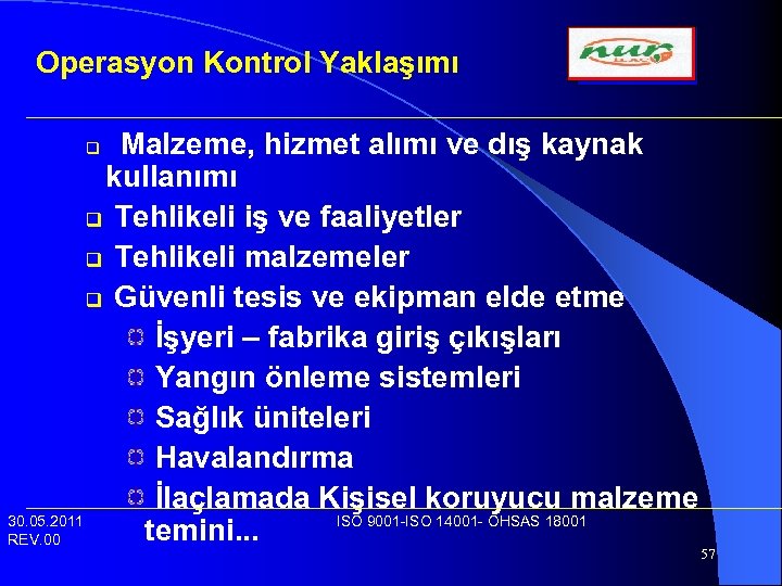 Operasyon Kontrol Yaklaşımı Malzeme, hizmet alımı ve dış kaynak kullanımı q Tehlikeli iş ve