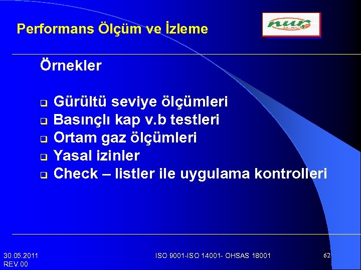 Performans Ölçüm ve İzleme Örnekler q q q 30. 05. 2011 REV. 00 Gürültü