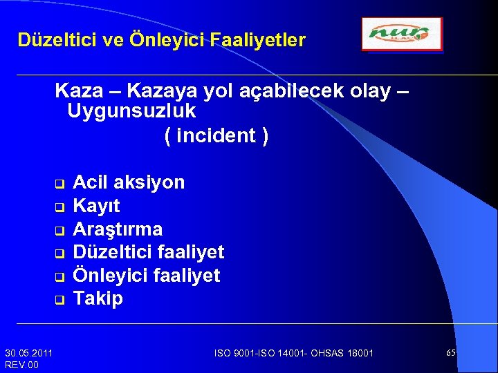 Düzeltici ve Önleyici Faaliyetler Kaza – Kazaya yol açabilecek olay – Uygunsuzluk ( incident