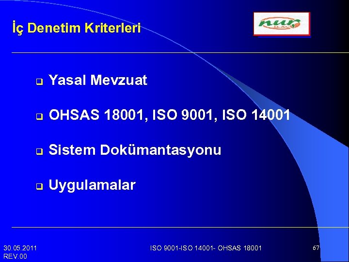 İç Denetim Kriterleri q Yasal Mevzuat q OHSAS 18001, ISO 9001, ISO 14001 q