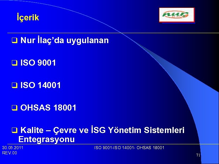 İçerik q Nur İlaç’da uygulanan q ISO 9001 q ISO 14001 q OHSAS 18001