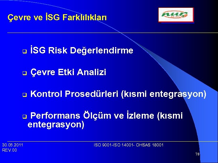 Çevre ve İSG Farklılıkları q İSG Risk Değerlendirme q Çevre Etki Analizi q Kontrol