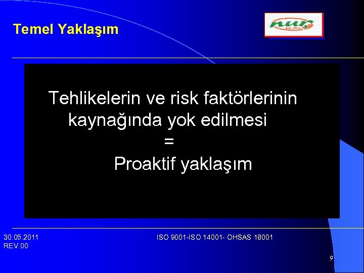 Temel Yaklaşım Tehlikelerin ve risk faktörlerinin kaynağında yok edilmesi = Proaktif yaklaşım 30. 05.