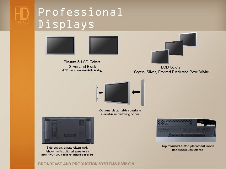 Professional Displays Plasma & LCD Colors: Silver and Black (LCD matte colors available in
