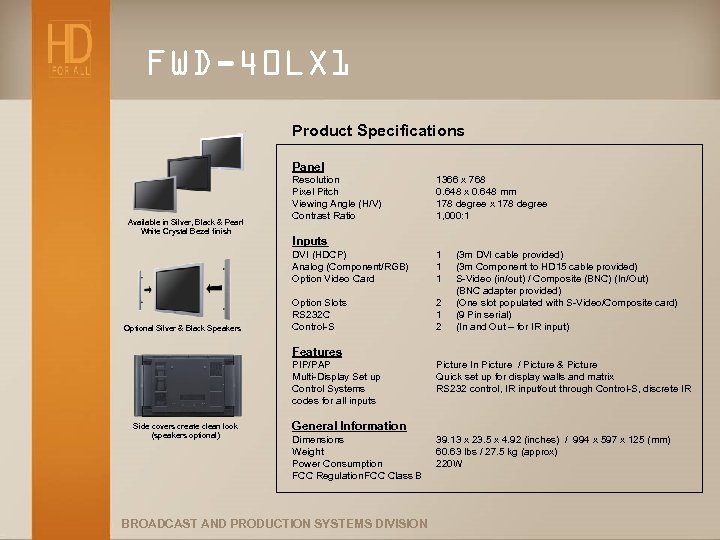FWD-40 LX 1 Product Specifications Panel Available in Silver, Black & Pearl White Crystal