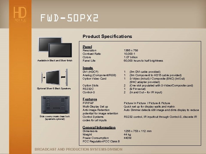 FWD-50 PX 2 Product Specifications Panel Available in Black and Silver finish Resolution Contrast