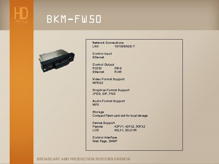 BKM-FW 50 Network Connections LAN 10/100 BASE-T Control Input Ethernet Control Output RS 232