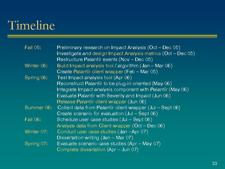 Timeline Fall 05: Preliminary research on Impact Analysis (Oct – Dec 05) Investigate and
