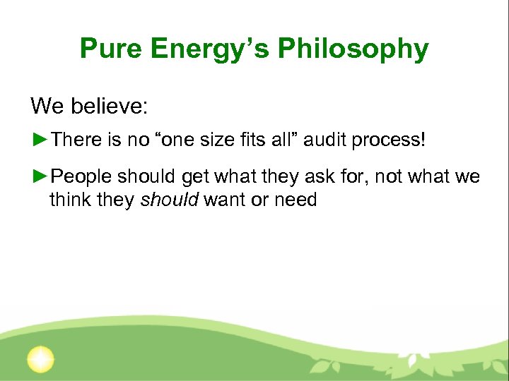 Pure Energy’s Philosophy We believe: ►There is no “one size fits all” audit process!