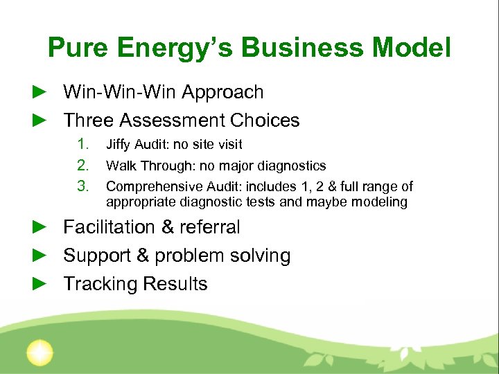 Pure Energy’s Business Model ► Win-Win Approach ► Three Assessment Choices 1. 2. 3.