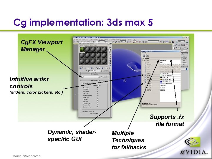 Cg implementation: 3 ds max 5 Cg. FX Viewport Manager Intuitive artist controls (sliders,