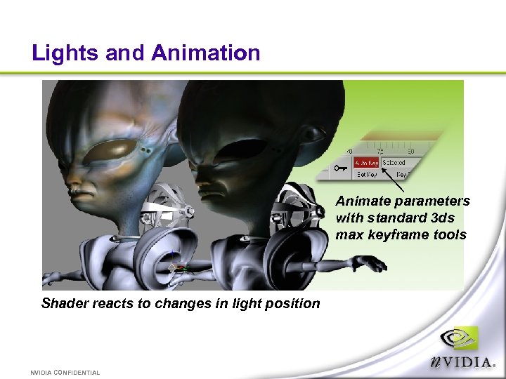 Lights and Animation Animate parameters with standard 3 ds max keyframe tools Shader reacts