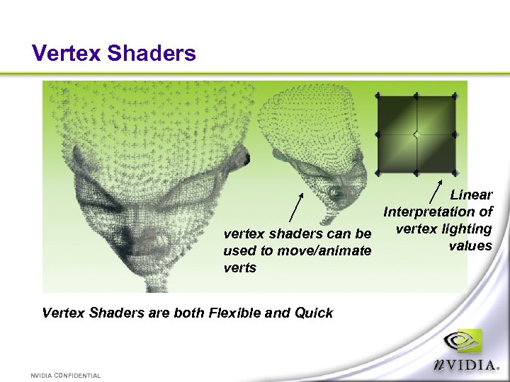 Vertex Shaders Linear Interpretation of vertex lighting vertex shaders can be values used to