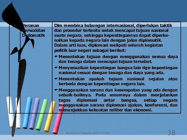 3. Peranan Perwakilan Diplomatik 15/03/2018 Dlm membina hubungan internasional, diperlukan taktik dan prosedur tertentu