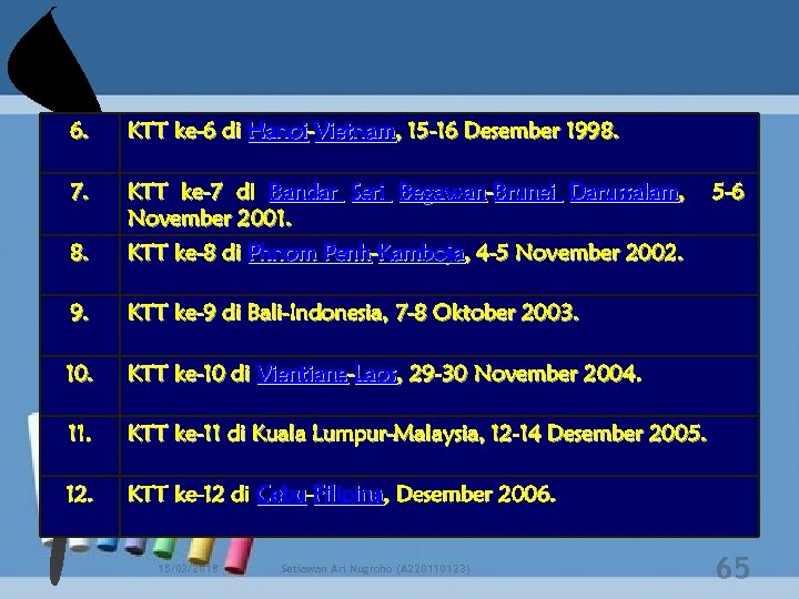 6. KTT ke-6 di Hanoi-Vietnam, 15 -16 Desember 1998. 7. KTT ke-7 di Bandar