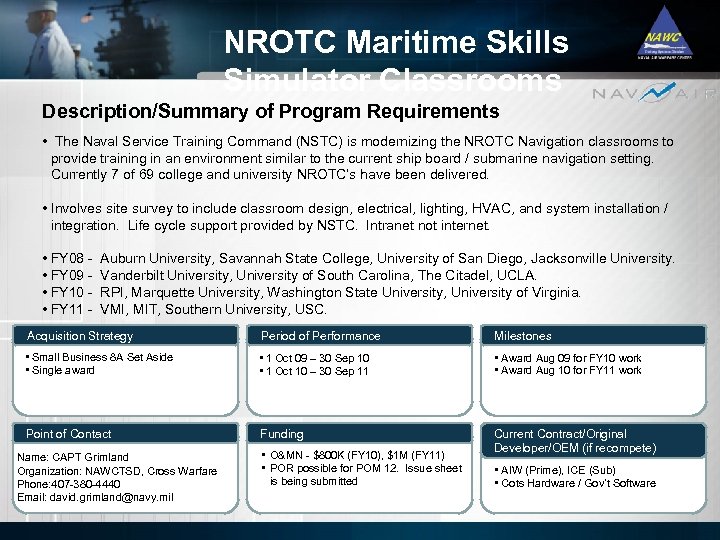 NROTC Maritime Skills Simulator Classrooms Description/Summary of Program Requirements • The Naval Service Training