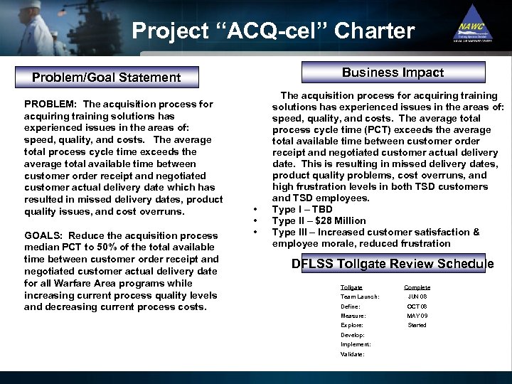Project “ACQ-cel” Charter Problem/Goal Statement PROBLEM: The acquisition process for acquiring training solutions has
