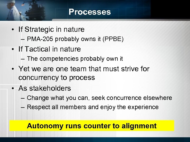 Processes • If Strategic in nature – PMA-205 probably owns it (PPBE) • If
