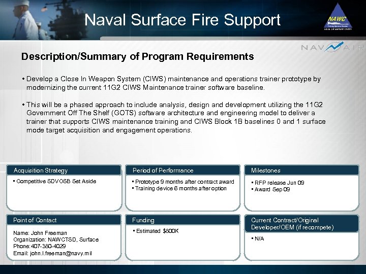 Naval Surface Fire Support Description/Summary of Program Requirements • Develop a Close In Weapon