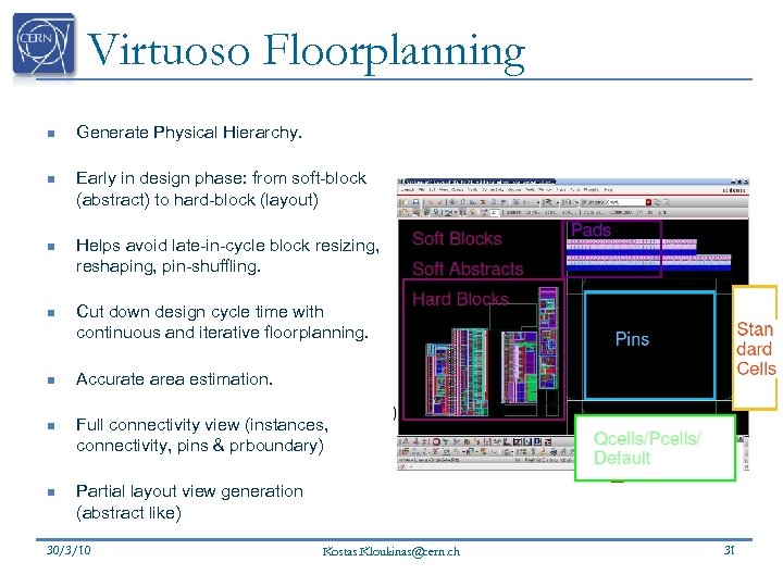 Virtuoso Floorplanning n Generate Physical Hierarchy. n Early in design phase: from soft-block (abstract)