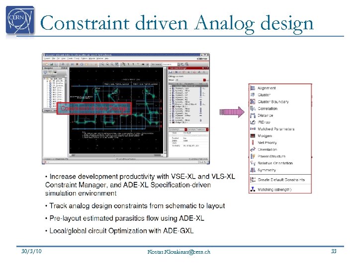 Constraint driven Analog design 30/3/10 Kostas. Kloukinas@cern. ch 33 