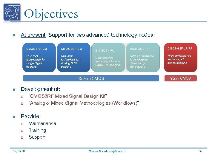 Objectives n At present, Support for two advanced technology nodes: CMOS 8 RF-LM CMOS
