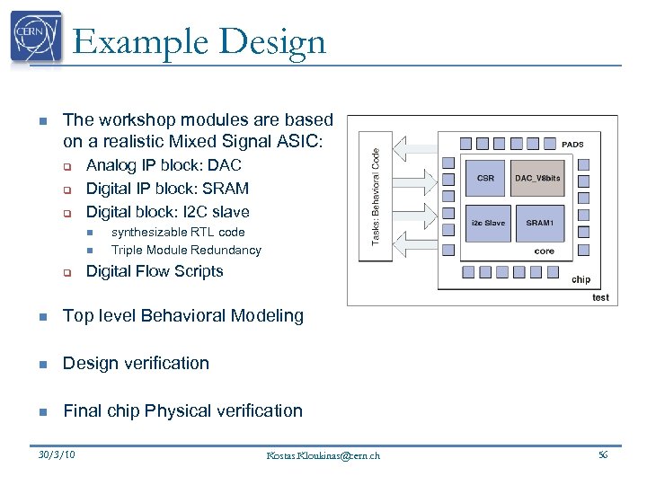 Example Design n The workshop modules are based on a realistic Mixed Signal ASIC: