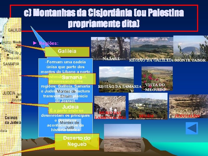 c) Montanhas da Cisjordânia (ou Palestina propriamente dita) ► Regiões: Galileia -Formam uma cadeia