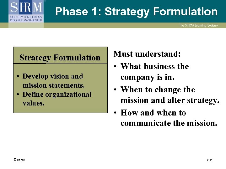 Phase 1: Strategy Formulation • Develop vision and mission statements. • Define organizational values.