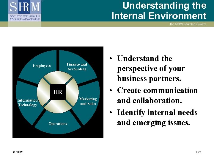 Understanding the Internal Environment • Understand the perspective of your business partners. • Create