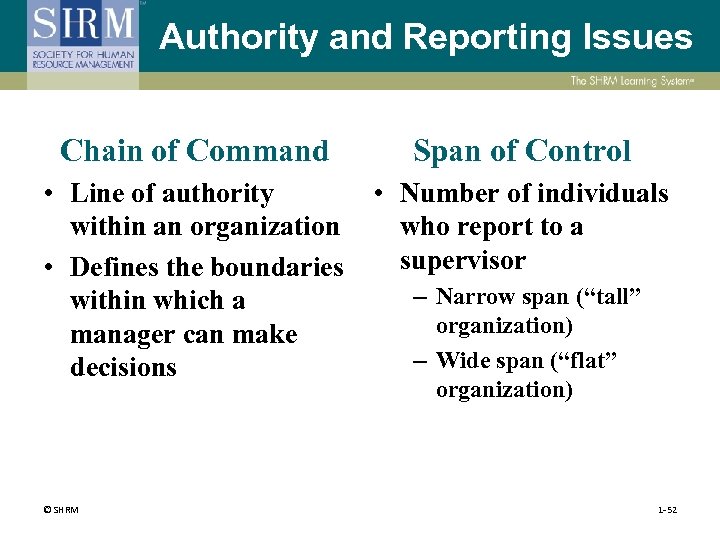 Authority and Reporting Issues Chain of Command Span of Control • Line of authority