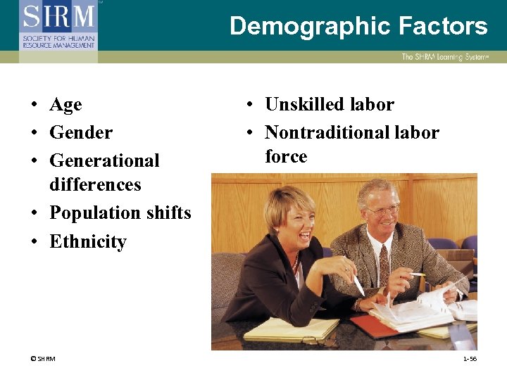 Demographic Factors • Age • Gender • Generational differences • Population shifts • Ethnicity