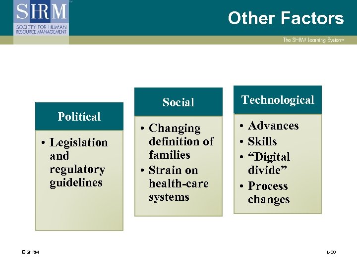 Other Factors Social Political • Legislation and regulatory guidelines © SHRM • Changing definition