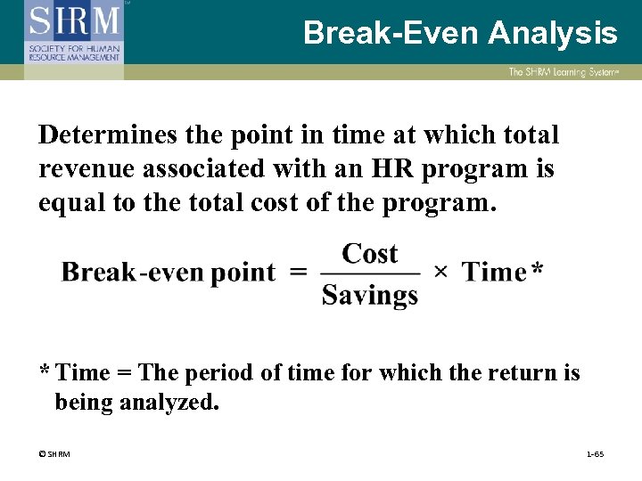 Break-Even Analysis Determines the point in time at which total revenue associated with an