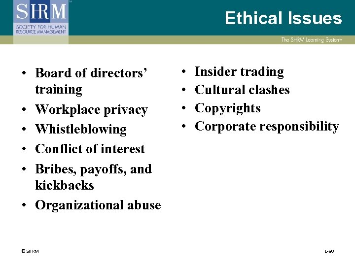 Ethical Issues • Board of directors’ training • Workplace privacy • Whistleblowing • Conflict