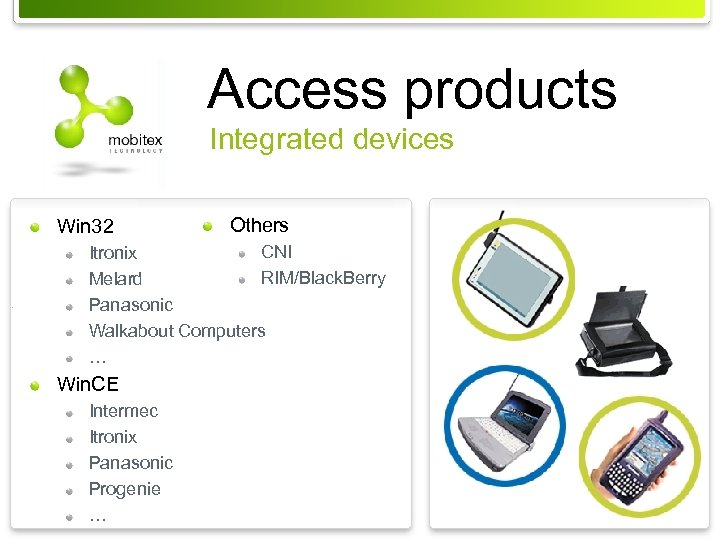 Access products Integrated devices Win 32 Others CNI Itronix RIM/Black. Berry Melard Panasonic Walkabout