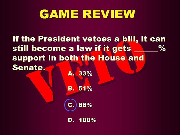 GAME REVIEW O T E V If the President vetoes a bill, it can
