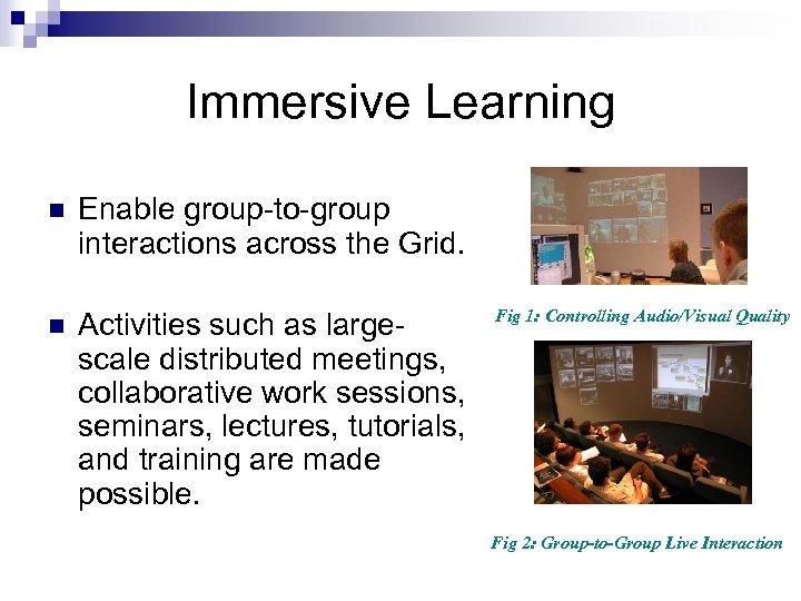 Immersive Learning n Enable group-to-group interactions across the Grid. n Activities such as largescale