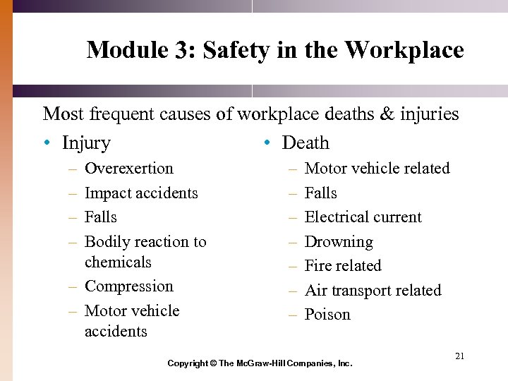 Module 3: Safety in the Workplace Most frequent causes of workplace deaths & injuries
